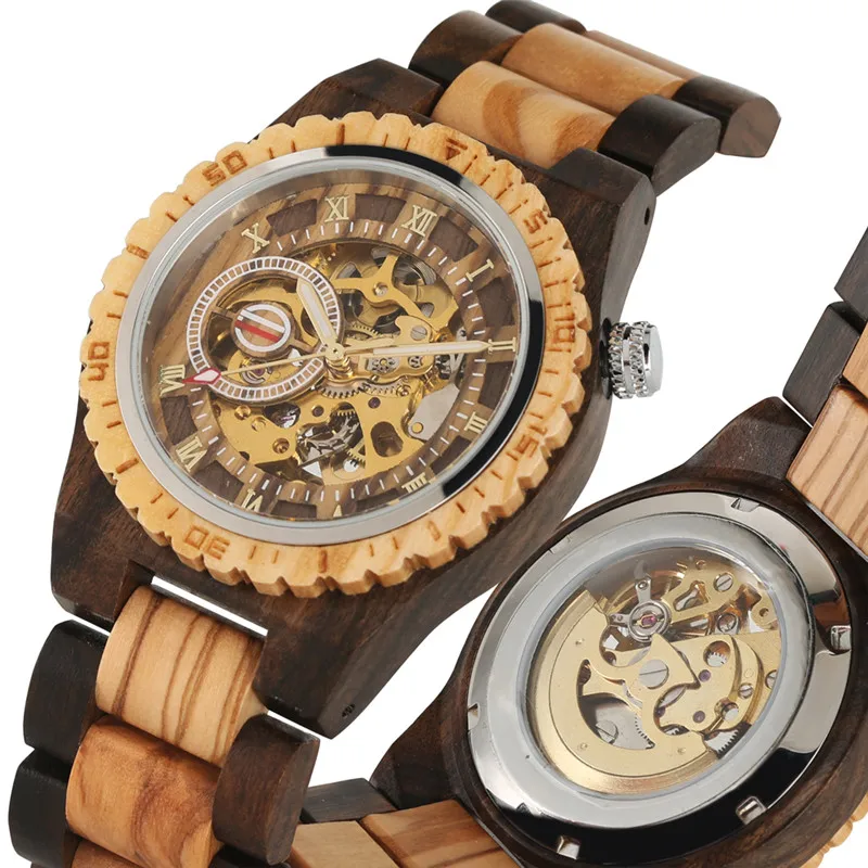 Handmade Nature Wood Watch Men's Self Winding Mechanical Watches Automatic Skeleton Clock Luminous Hands Full Bamboo Bracelet