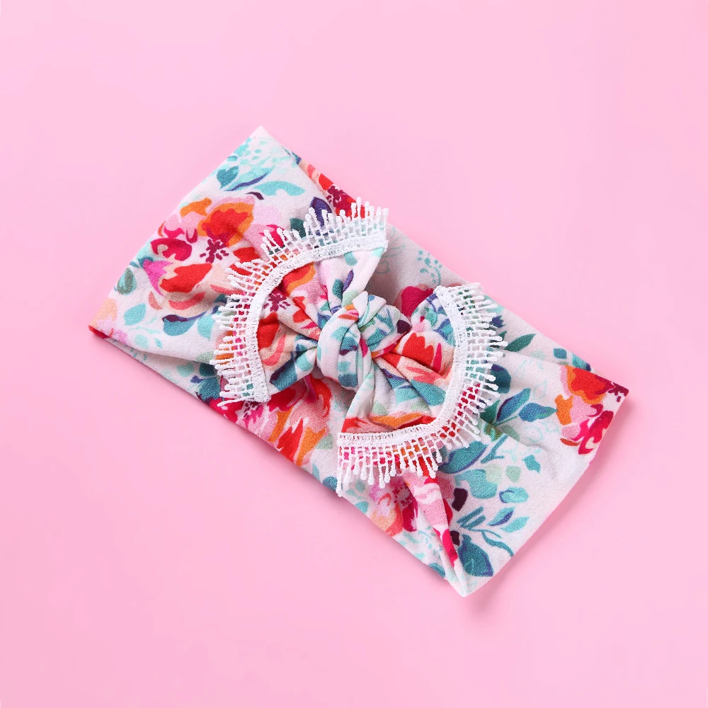 

Kid Bow Knot Headband Lace Brim Knitted Flower Printed Cotton Children Girls Hair Band Turban Headband Style Headwear bandeaux