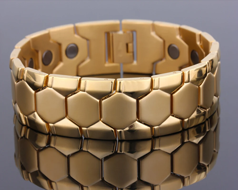 18MM Wide Health Magnetic Bracelet Indian Men Jewelry Gold Color Polished Stainless Steel Mens Bracelets Man Bracelet