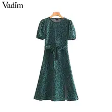 Женское элегантное платье vadim зеленого цвета с принтом миди платье эластичный с коротким рукавом с бантом на талии поясом Женская Удобная Повседневная Детская платья vestidos QC837