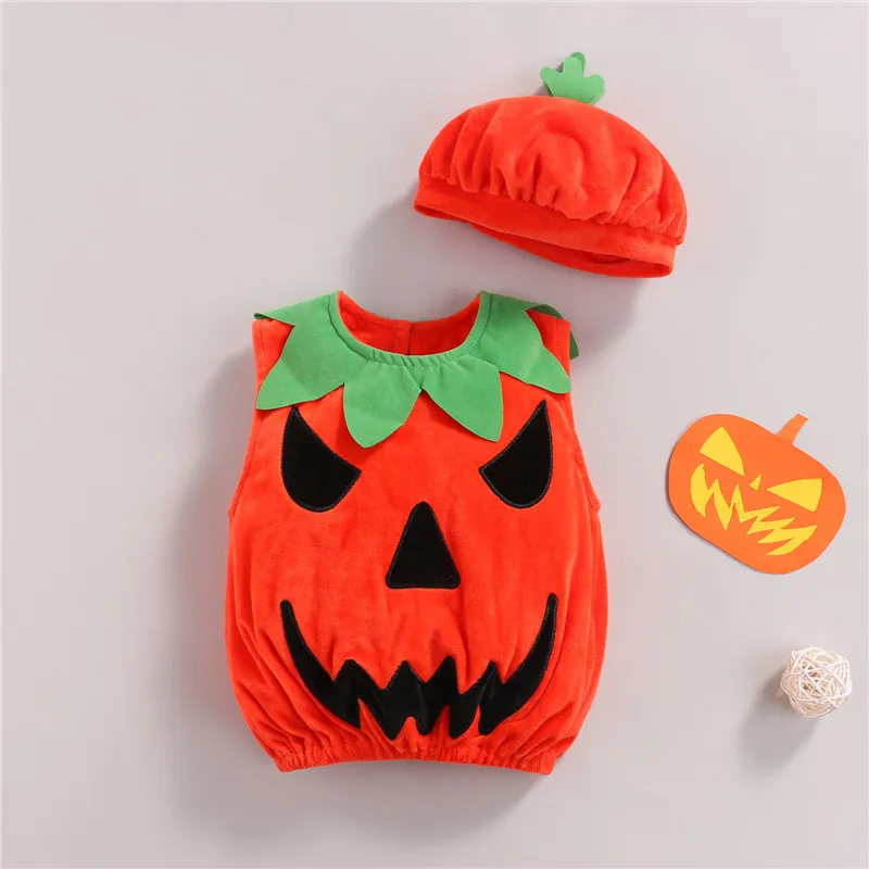 1 4 Years Toddler Halloween Vests Orange Pumpkin Baby Boys Waistcoats Tops With Hat Set Infant
