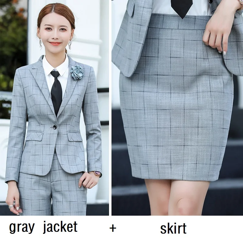 gray jacket skirt Женские костюмы, облегающие осенне-зимние клетчатые блейзеры, куртки и штаны, комплект из 2 предметов, Деловые женские брючные костюмы, женские комплекты, костюмы 1512 - Цвет: gray jacket skirt