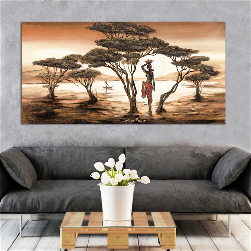 Quadro Su Tela Africano: Donna Nera Al Tramonto Con Giraffe, 40,6 X 30,5 Cm, Decorazione Da Parete