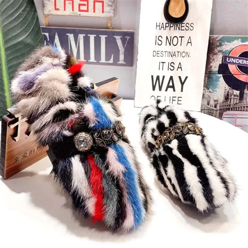 

Colorful Stripes Women Winter Warm Fur Flats Casual Loafers Platform Creepers Espadrilles Mink Fur Flat Shoes Woman