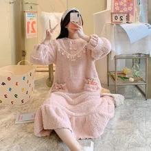 2021 French Nightdress Women's Winter Coral Velvet Long Sleeve Round Neck Pullover Pajamas Thickened Warm Home Clothes Kawaii
