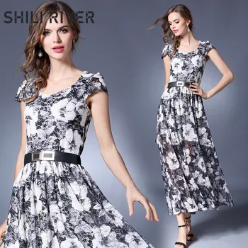 

2020 summer long dress for women short sleeve slim casual lace elegant floral embroidery retro V neck pleated full dresses belt