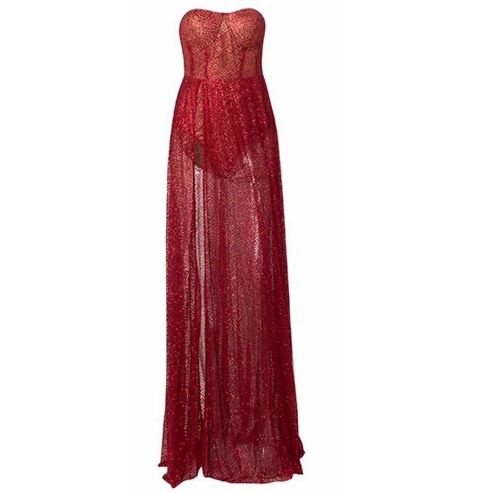

Fashion Wine Red Gold Straplee Long Maxi Sequin Dress 2019 Women Mesh Hollow Out Backless Good Quality Vestids Wholesale
