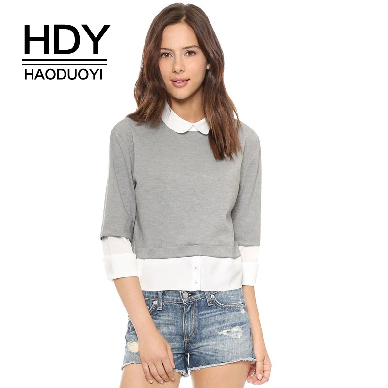 

HDY Haoduoyi Autumn Simple And Stylish Fake Two-piece Stitching Cute Doll Collar Cuff Hem Button Back Zipper Knitted Sweater