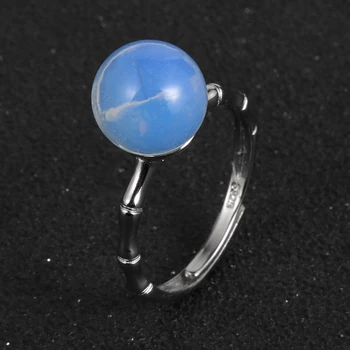 

BOHO Round Natural Stone Opal Crystal Bead Rings For Women Quality Silver Plated Bamboo Adjustable Ring Female Wedding Jewelry