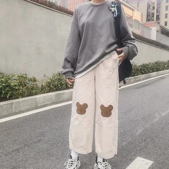 

Women Spring Fashion Korea Style Oversize Straight Trousers Student Lovely Bear Embroidery Office Lady Casual Wide Leg Pant