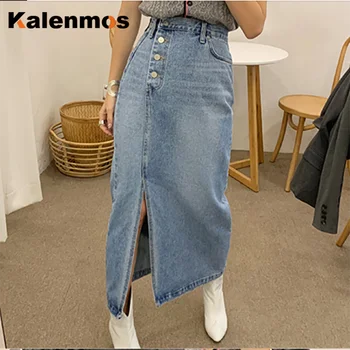 

KALENMOS Denim Skirt Women Blue High Waist Side Split 2020 Spring Summer Single-breasted Elegant Ladies Casual Long Jeans Skirts