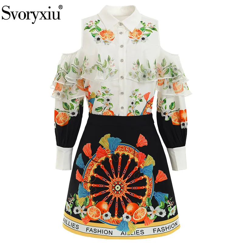 

Svoryxiu Fashion Designer Autumn Skirt Suit Women's Sexy Off Shoulder Ruffles Blouse + Print Black Mini Skirt 2 Piece Set
