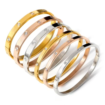 

Stainless Steel Crystals Bangles Bracelets for Women Fashion Rose Gold Color Open Cuff Bangles Classic Jewelry