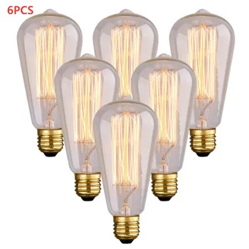 

6pcs Edison Tungsten Filament Bulb Light Lamp Retro Decoration 40W ST58 E26 110V Warm White Light