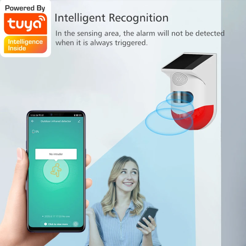 Tuya Wifi Solar Infrared Detector Outdoor waterproof PIR Sensor Built-in rechargeable battery Built-in buzzer 120dB Smart life