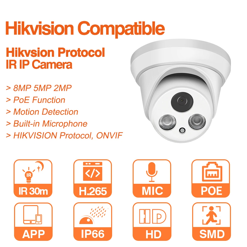 Hikvision совместимая 8MP купольная POE ip камера для домашней безопасности CCTV Ultra 5MP HD IR 30m
