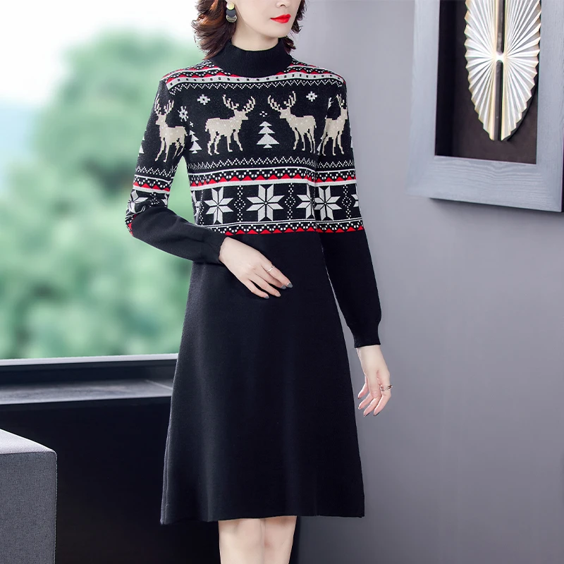 

Autumn Winter Black Patchwork Knit Turtleneck Wool Sweater Midi Dress Casual Vintage 3XL Plus Size Women Elegant Bodycon Sweater