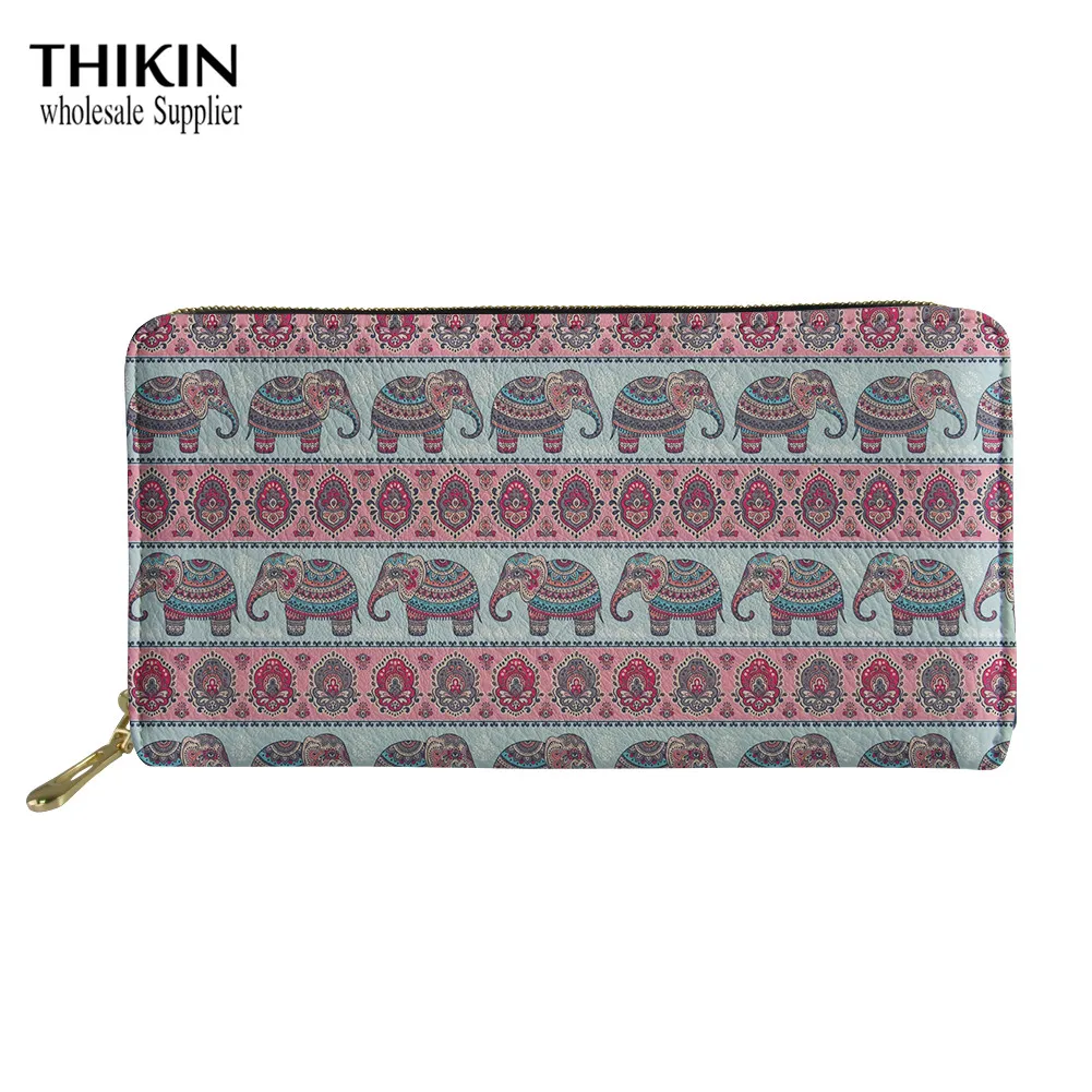 

THIKIN Bohemian Elephant Print Women Men Vintage Long Wallet with Zipper Wallet PU Leather Brand Men Clutch Purse Long Money Bag