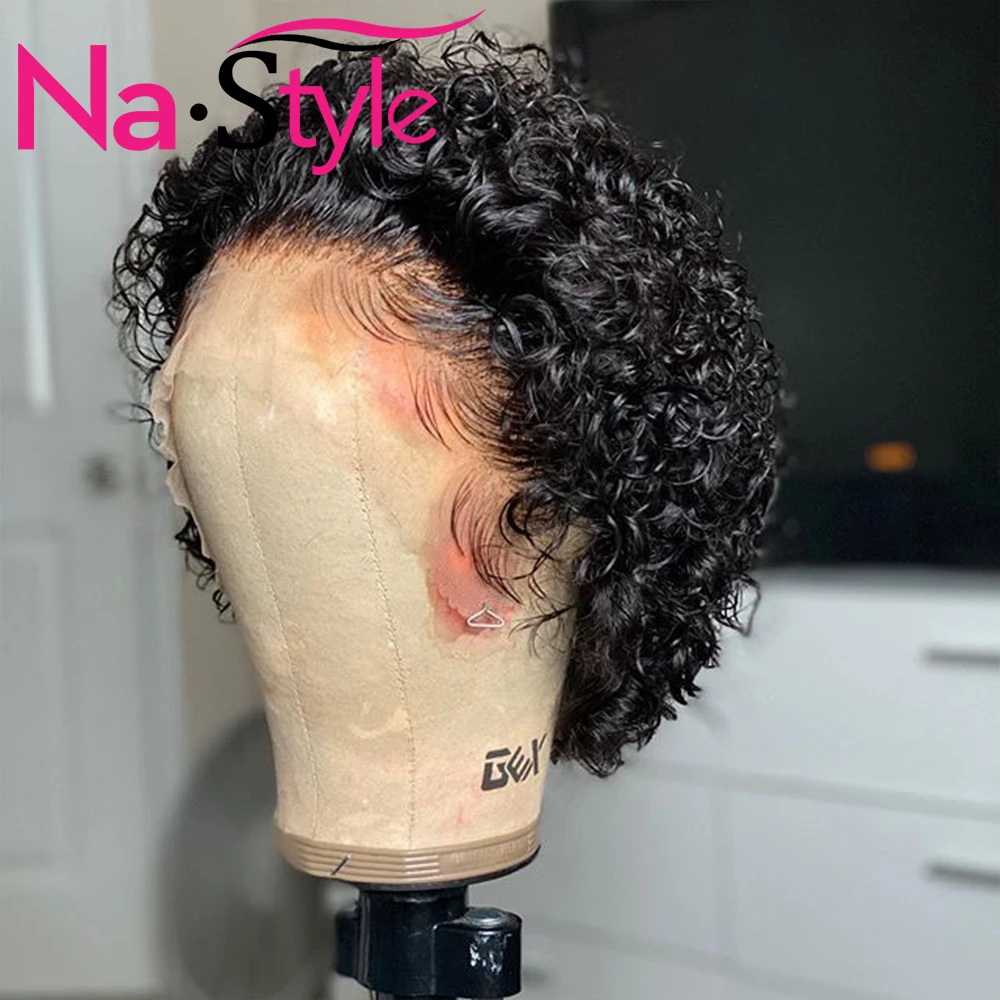 US $51.30 Pixie Cut Wig For Women Pixie Wig Human Hair Pre Plucked Bleached Knots Short Water Wave Bob 13x4 Lace Font Wig 130 Remy