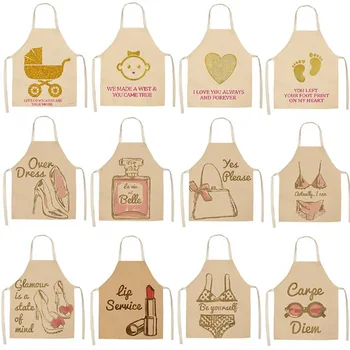 

55*68cm Printed Linen Kitchen Apron Cosmetics Baby Pattern Apron Adult Bib Baking Coffee Shop Cleaning Apron Cleaning To