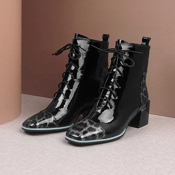 

plus size 34-41 women's genuine leather leopard patchwork ankle boots thick high heel lace-up autumn short booties comfortable female high quality shoes