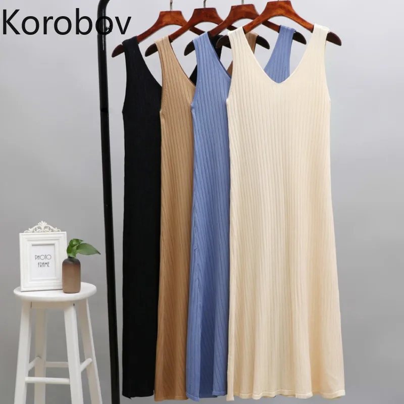

Korobov Korean Solid Sexy V Neck Women Knitted Dress Retro Runway Slim Stretch Sweater Tank Dresses Basic Female Vestidos 78970