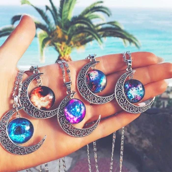 

Fashion Necklace Glass Galaxy Lovely Pendant Silver Color Chain Moon Necklace Jewelry Cosmic Charm Pendant Jewelry For Gift