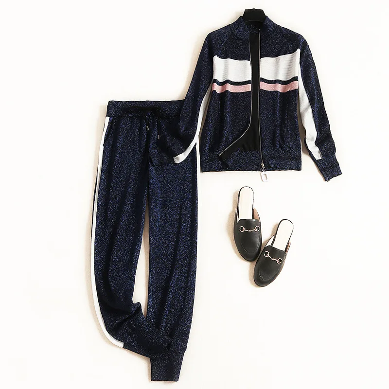 

VERDEJULIAY Casual Women Sets 2020 Autumn Winter Fashion New High Quality Striped Jacket Top+Waist Elastic Long Pants Suits