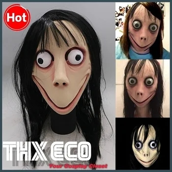 

New Scary Momo Mask Hacking Game Horror Mask Full Head Momo Mask Big Eye with Long Wigs