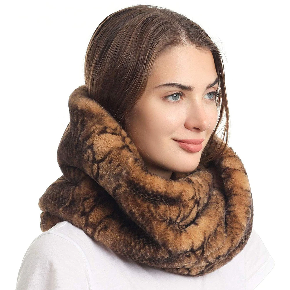 Women's Winter Snakeskin Print Faux Fur Infinity Scarf  Warm Neck Warmer Scarfs 4