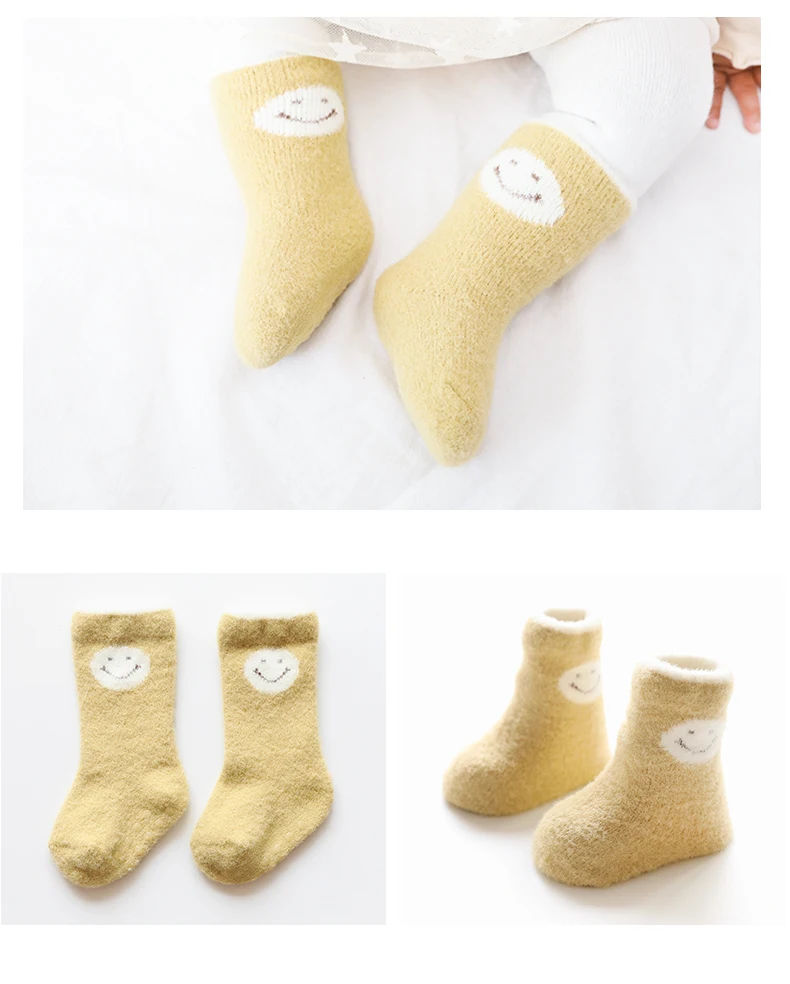 2 пары/партия, зимние носки для новорожденных, теплые носки для малышей с резиновой подошвой, новинка, Комплект носков для малышей с мультяшным кроликом и смайликом
