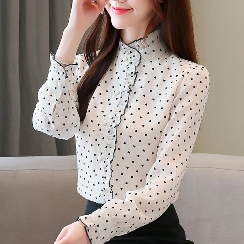 Najtaniej Damskie topy i bluzki 2019 bluzki damskie szyfonowa bluzka koszula dla kobiet topy przycisk Polka Dot stojak biała koszula odzież 6735 50