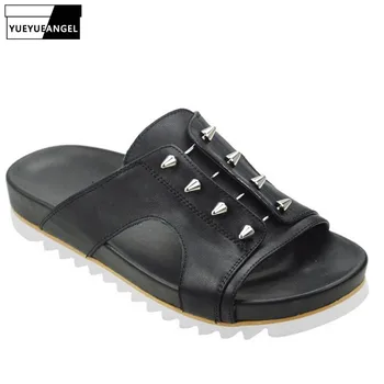 

Summer New Designer Mens Beach Slippers Antiskid Platform Genuine Leather Slides Casual Rivets Streetwear Male Slippers Shoes