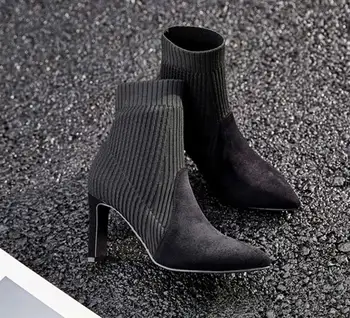 

2020 Brand Design Vintage suede Women Shoes Winter Shoes Short Boots High Heels Pointed Toe Party Shoes elastic fabric Shoe