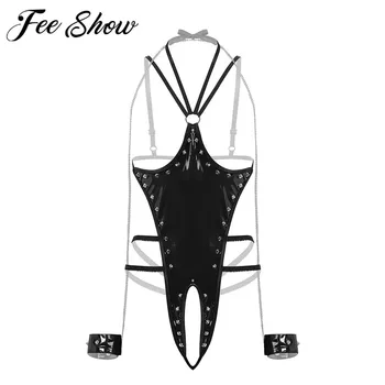 

Women Erotic PVC Leather Bodysuit Lingerie Halter Bare Exposed Breasts Backless Crotchless Thong Leotard Body Suit Chain Manacle