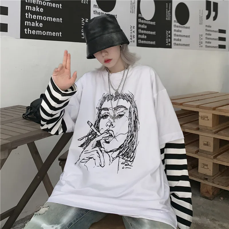 Lychee Harajuku, женская футболка с принтом для девочек, топ, футболка в стиле пэчворк, женские футболки в полоску, 2 предмета, женские футболки, топы, футболки