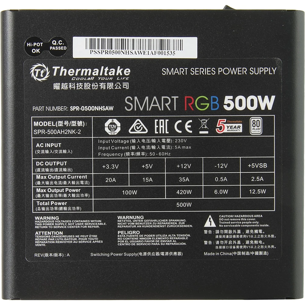 Блок питания Thermaltake ATX 500W Smart RGB 500 80+(24+4+4pin) APFC 120mm fan color LED 5xSATA RTL