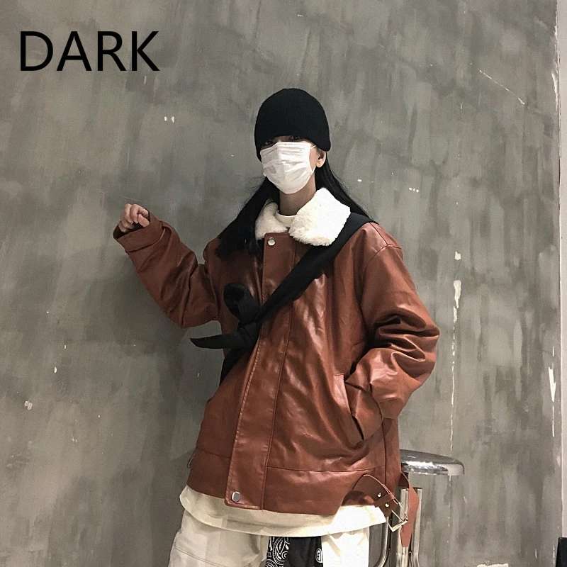 

DARK Harajuku Style Solid Color Buckle Leather Jacket For Men And Women Thickened Warm Plush Jacket Student Cotton Jacket
