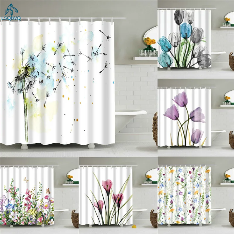 Shower Curtains Dandelion Waterproof Hooks Frabic Red Rose Small Fresh Polyester 