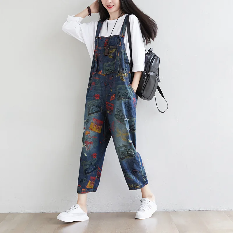 Women Denim Jumpsuit 2020 Autumn Plus Size Ripped Jeans Overalls with Pockets Print Loose Casual Baggy Pants