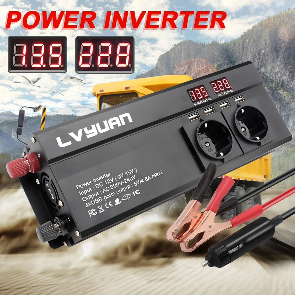 Vehicle Inverter Car Converter Inverter Car Inverter Car Power Converter Power Inverter LVYUAN Car Inverter 2600W Power DC 12V/24V To AC 220V LED Display & 4USB Converter Charger Transformer EU/Universal Plug