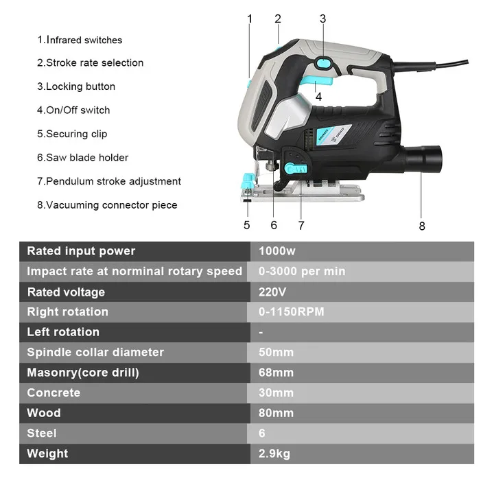 DEKO New Jig Saw Variable Speed Electric Saw with 1 Piece Blades/1 Metal Ruler/2 Carbon Brushes/1 Allen Wrench Jigsaw Po