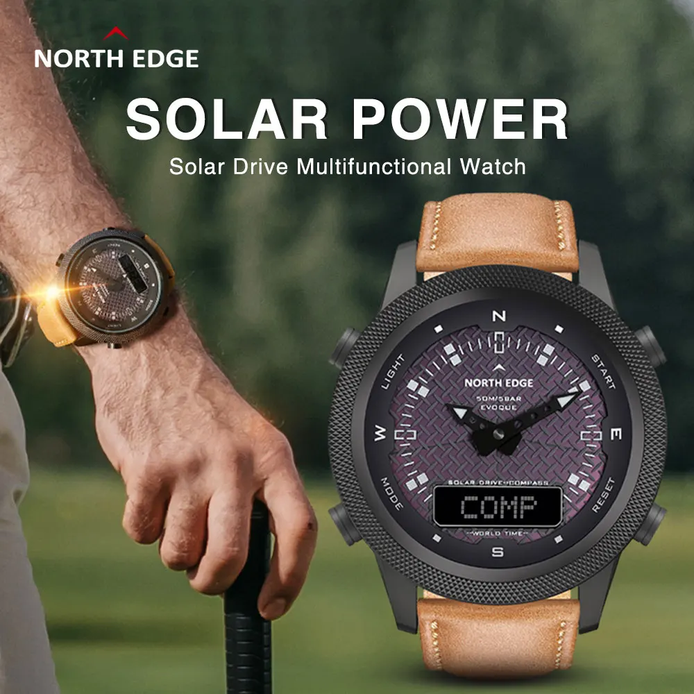 US $56.56 NORTH EDGE Men Solar Power Digital Watch Compass Outdoor Sport Watches Waterproof 50m Alarm Countdown Stopwatch Smart Watch