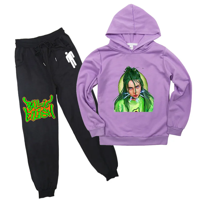 Billie Eilish/Повседневная Толстовка с капюшоном и штаны-шаровары для мальчиков и девочек, комплект одежды, хлопковая Стильная трикотажная кофта с капюшоном, штаны - Цвет: Фиолетовый