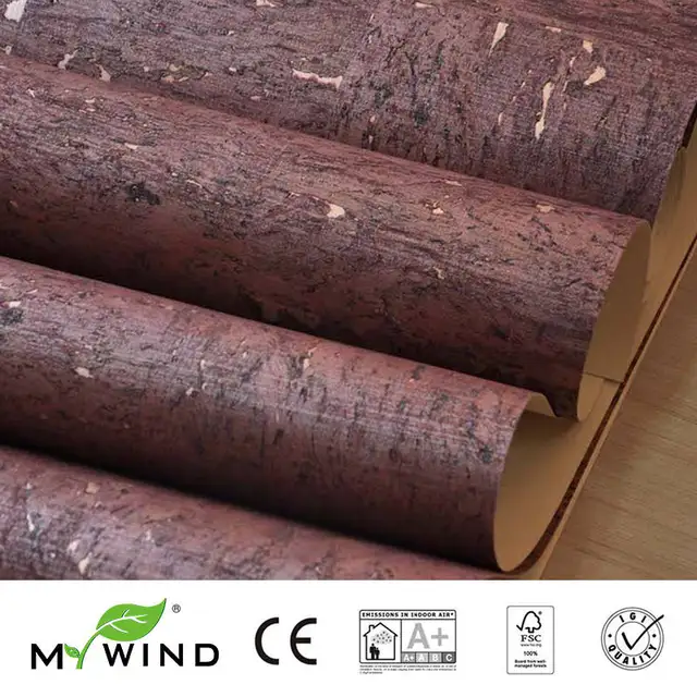 高贵的酒红色 3D 设计天然木材环保软木壁纸家居装饰