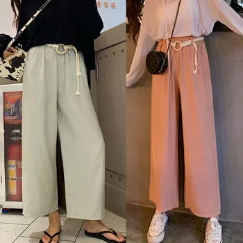 

Women Casual College Style Loose Wide Leg Pants Elastic High Waist Solid Pants with Sashes