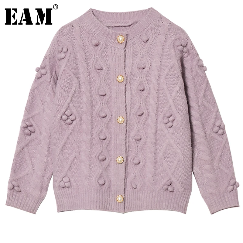

[EAM] Pearls Button Knitting Open Stitch Coat Loose Fit Round Neck Long Sleeve Women New Fashion Tide Autumn Winter 2019 1A651
