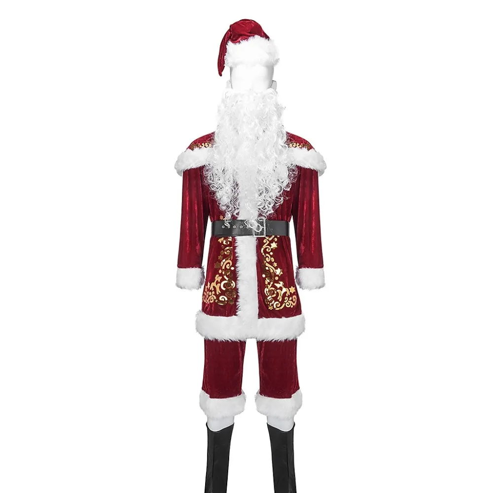 8Pcs/Set Adult Unisex Cosplay Christmas Suit Man Santa Claus Christmas Cosplay Long Sleeve Costume Playsuit Coat Pants Beard Hat