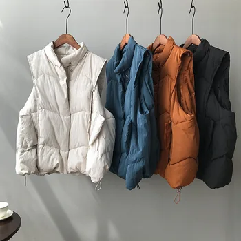 

Yeeloca Winter New Thick Sleeveless Cotton Vest Women Casual Solid Stand Collar Zipper Vest Korean Loose Warm Winter Waistcoat