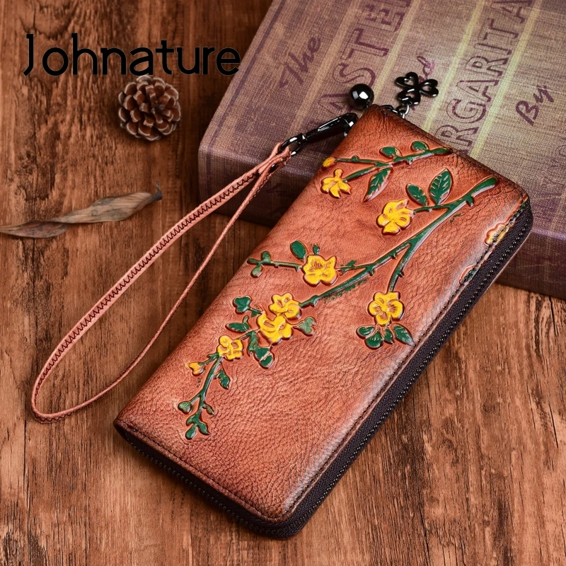 

Johnature Genuine Leather Long Women Wallets 2019 New Vintage Embossing Hand Wallet Multifunction Phone Purse Wallet Card Holder